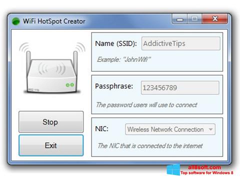 لقطة شاشة Wi-Fi HotSpot Creator لنظام التشغيل Windows 8