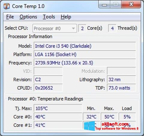 لقطة شاشة Core Temp لنظام التشغيل Windows 8